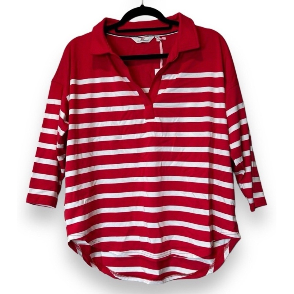 New Vineyard Vines Polo Shirt Women Red Striped‎ Oversized Jersey Size XL
